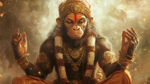 Ornate simian deity in meditative pose amid glowing haze