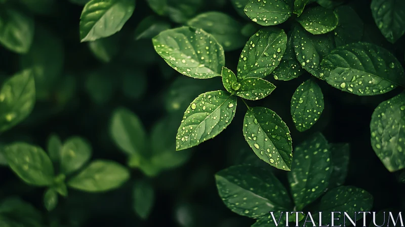 Rain-kissed green leaves glow softly against a dark forest bed
