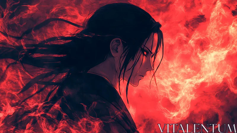 Anime antihero in profile immersed in intense infernal flames