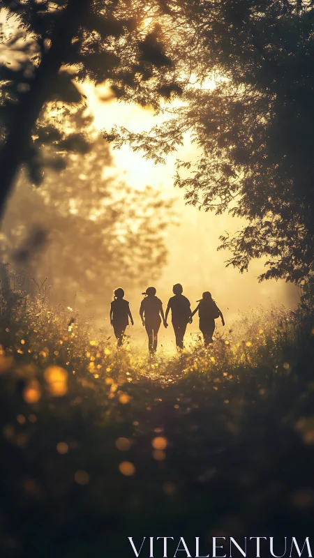 Golden path of childhood silhouettes in glowing forest light.