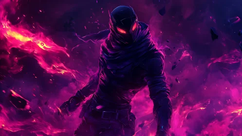 Shadowy cyber assassin strides through neon violet flames