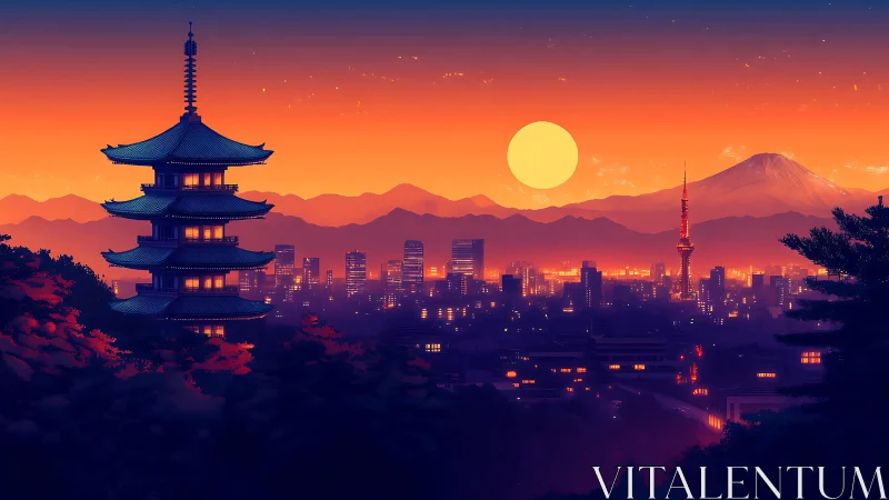 Sunset cityscape with pagoda, tower and distant mountain.