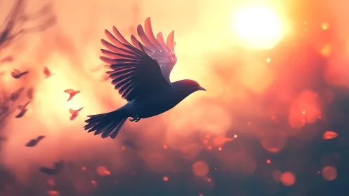 Sunset emberwings: a lone bird carving firelit skies.