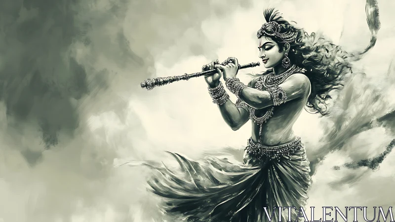Divine flute player emerges in swirling monochrome clouds
