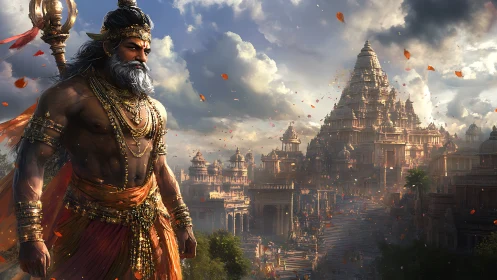 Warrior stands before vast ancient temple city complex