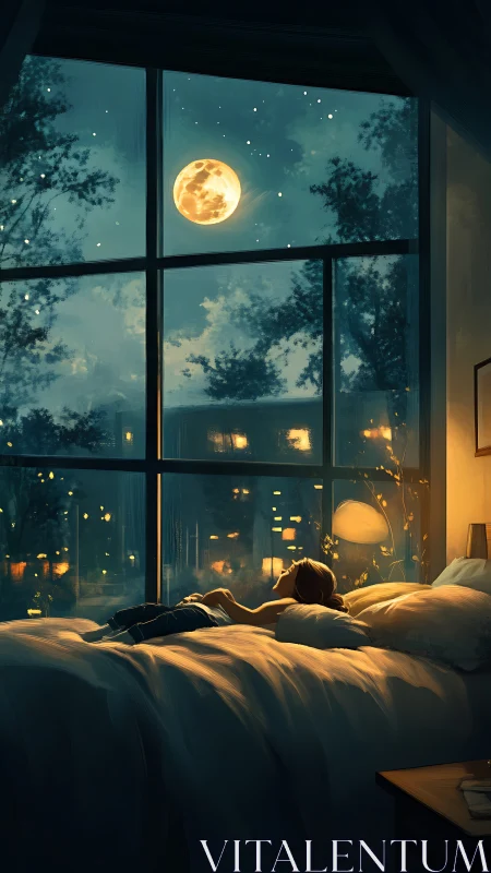 Night bedroom interior with figure viewing full moon outside.