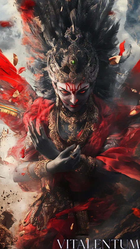 Divine warrior goddess in crimson storm of power.