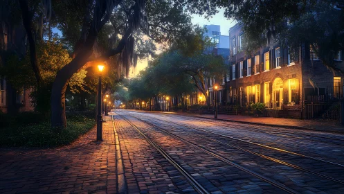 Evening tram tracks extend through cobbled residential street