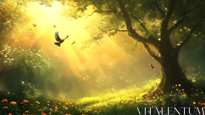 Golden forest morning with birds and wildflower meadow.