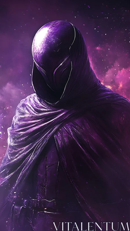 Digital painting of cloaked violet sentinel in nebular void.
