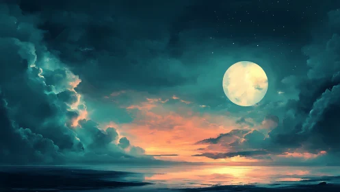 Moonlit clouds drifting over a peaceful glowing shoreline.