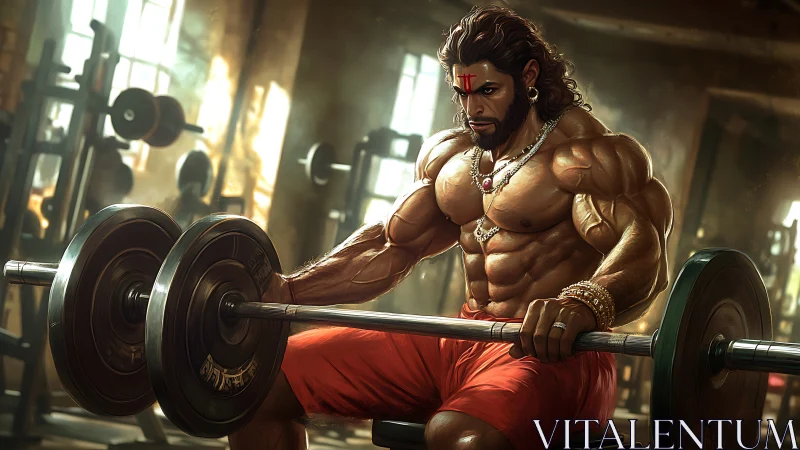 Divine warrior bodybuilder channels mythic power in gym.