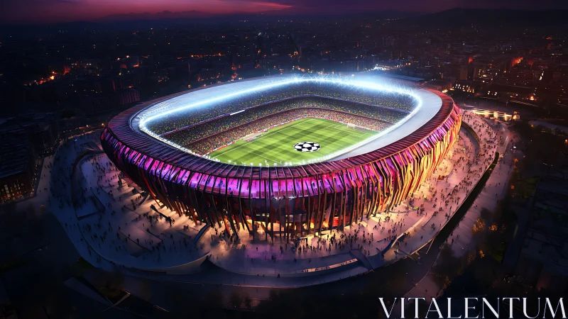 Nighttime football stadium rendering with vivid magenta facade.