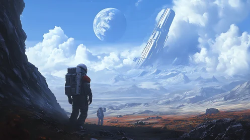 Astronauts study colossal derelict tower on frozen exoplanet