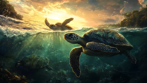 Sunlit sea turtles drifting through a golden ocean evening.