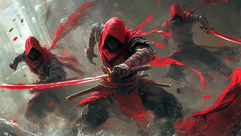 Hooded red ninjas charging with drawn katanas in battle.