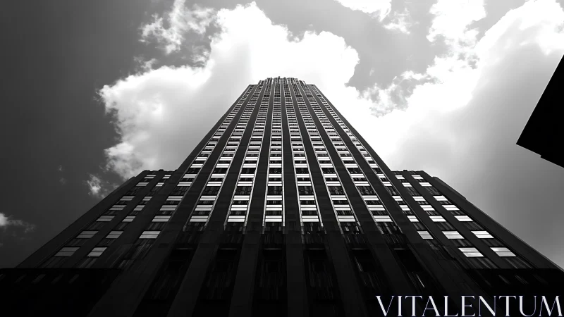 Monochrome upward view of tall office skyscraper facade.