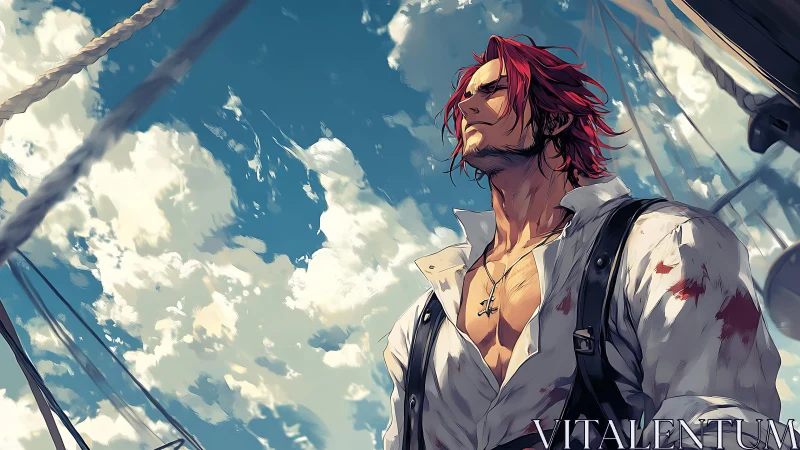 Scarred red-haired sailor gazes skyward on sunlit deck.