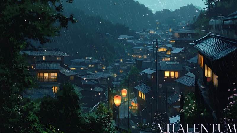 Rain-soaked hillside town glows with warm lantern-lit windows at dusk