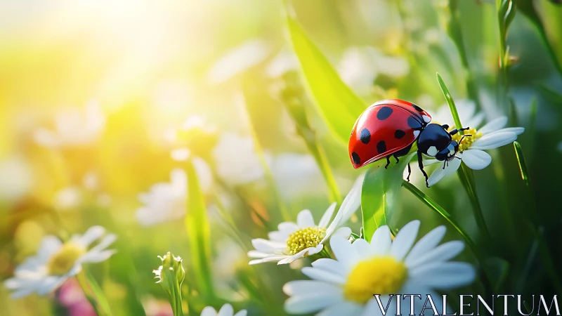Macro study of ladybug on daisy under shallow depth of field light