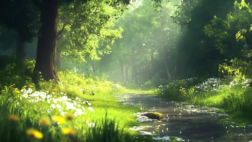 Luminous woodland streamscape in serene digital painting style.