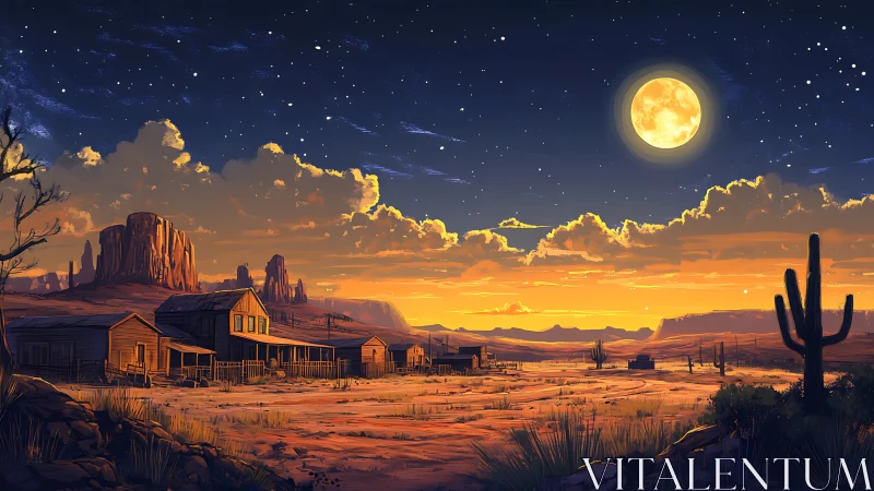 Desert frontier town under full moon and star-filled sky