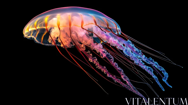 Prismatic jellyfish sails like neon silk through midnight water