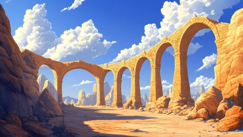 Sunlit stone aqueduct strides boldly across desert sky