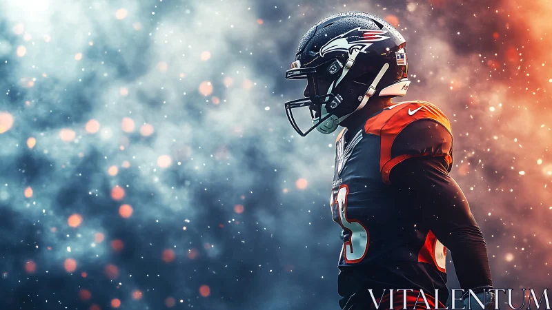 Lone football player walking through glowing game-night haze.