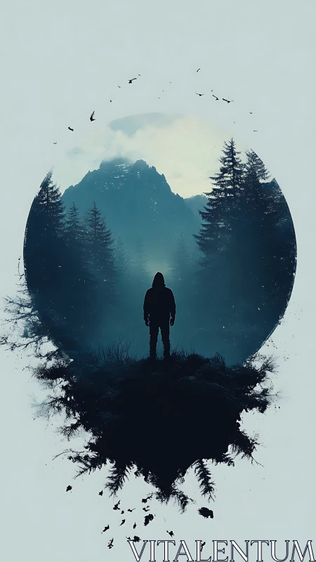 Lone wanderer adrift in a circle of mist and pine dreams.