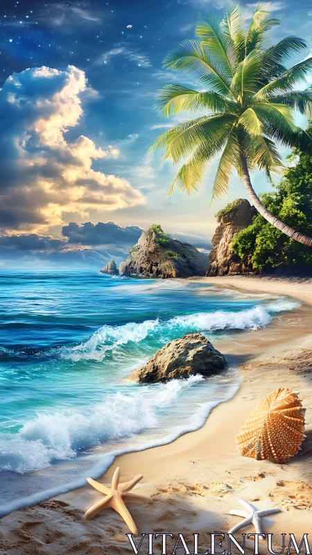 Dreamy tropical shoreline under glowing evening skies.