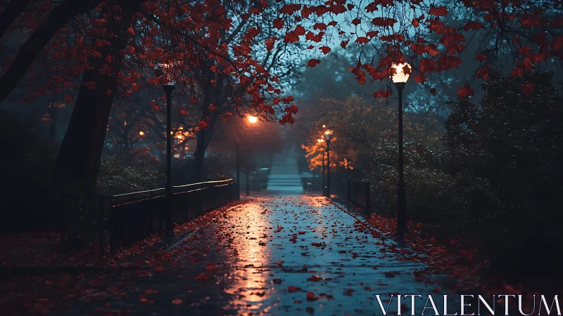 Rain soaked autumn path glows under misty streetlights.