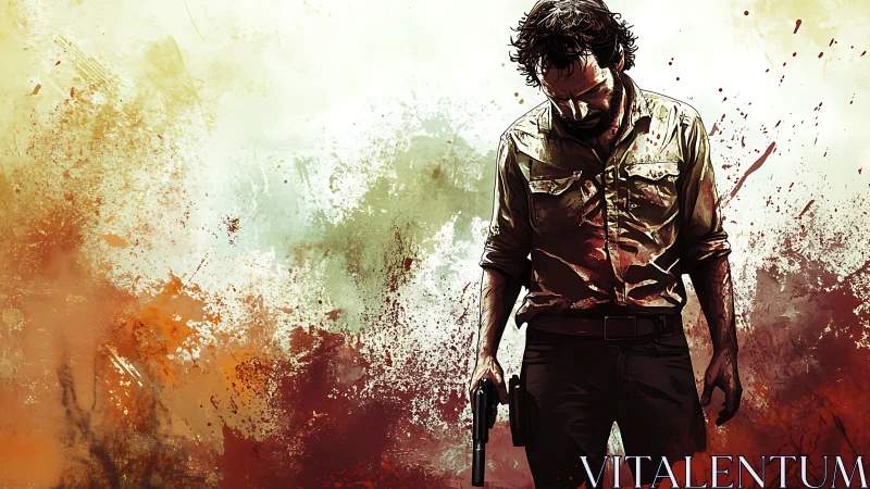 Digital painting of armed survivor amid splattered backdrop.