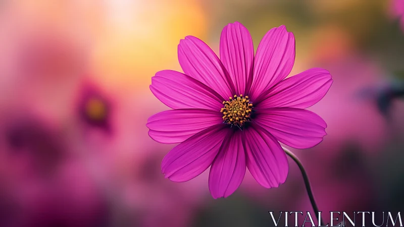 Vibrant Magenta Cosmos Flower with Visible Petal Striations and Golden Stamen