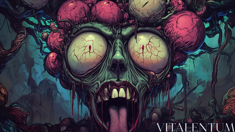 Grotesque skull-like head fused with organic bulbous growths.