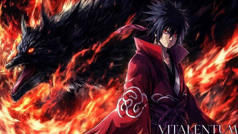 Crimson warrior and shadow wolf rising through firestorm.