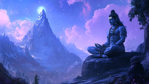 Digital rendering depicts blue figure meditating before peak