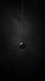 Single spherical ornament is suspended by cord in darkness