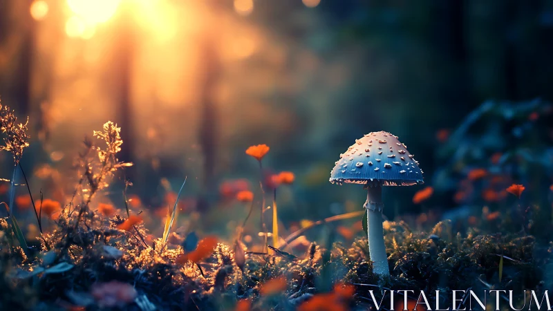 Sunlit forest mushroom amid blurred orange wildflowers.