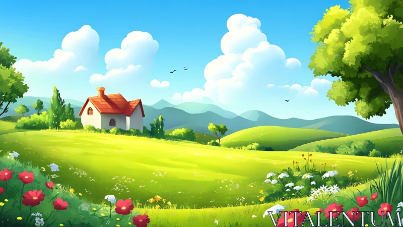 Sunlit rural meadow with stylized cottage and rolling hills.