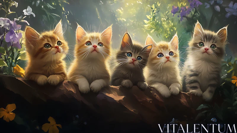 Five Enchanted Kittens Gathering on a Luminous Forest Branch