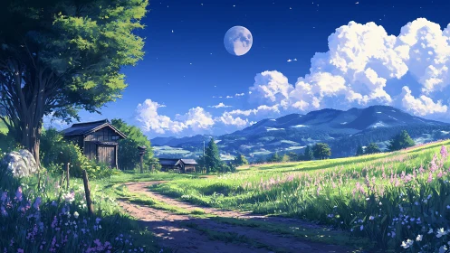 Moonlit farm path beneath cotton clouds and quiet hills.