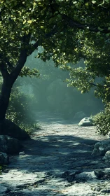 River flowing through dense forest canopy with dappled sunlight