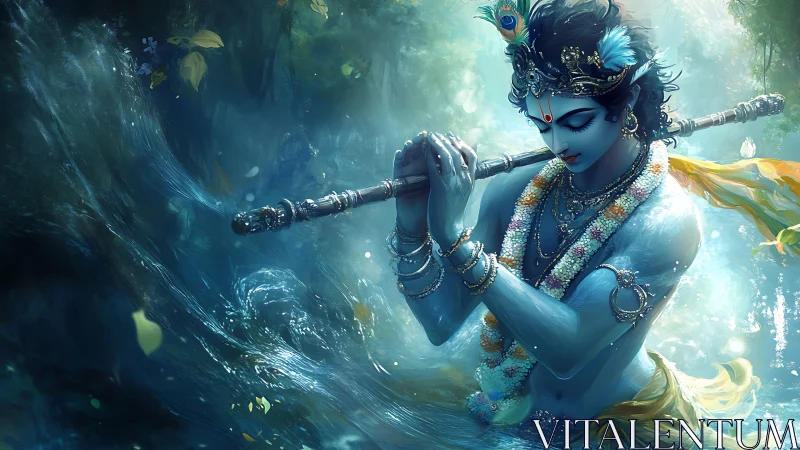 Blue-skinned divine figure playing flute in swirling water.