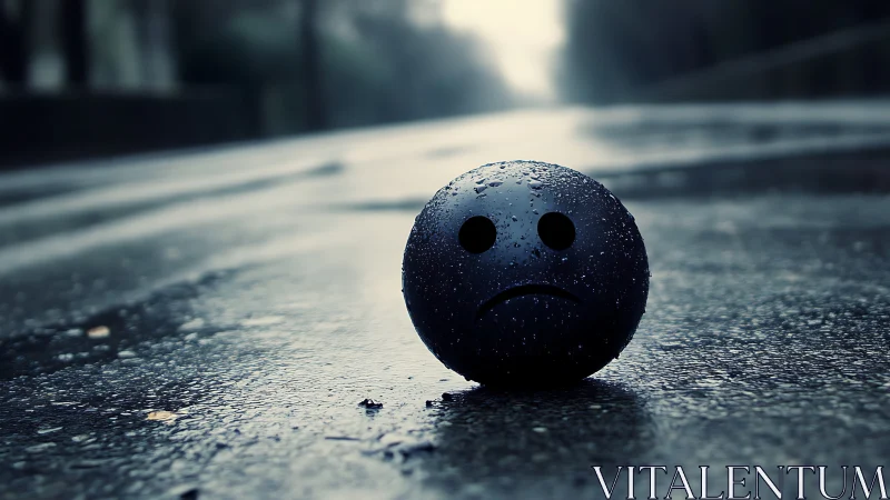 Rain-soaked sad emoticon sphere on empty desaturated road.