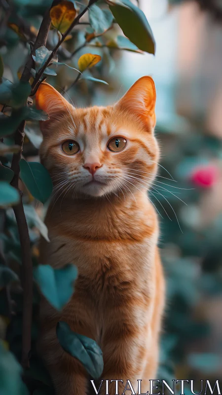 Orange Tabby Cat Among Foliage with Selective Focus Depth