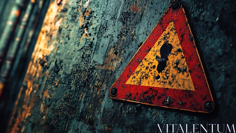 Rusty radioactive warning sign on decayed industrial wall.