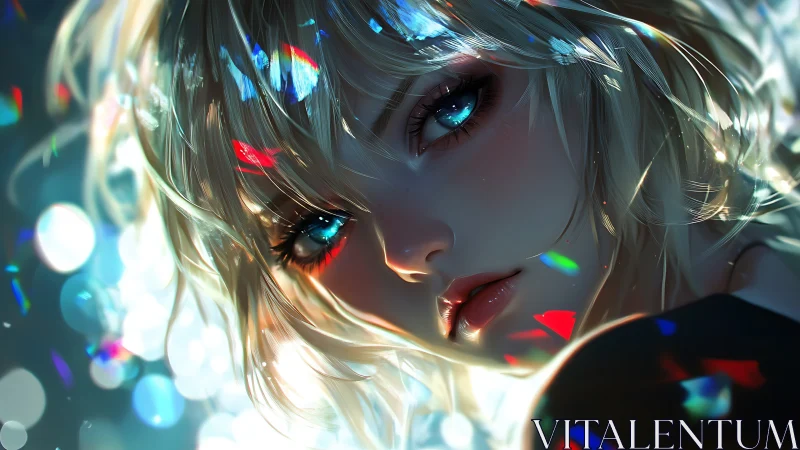 Anime portrait with prismatic bokeh and luminous rim lighting.
