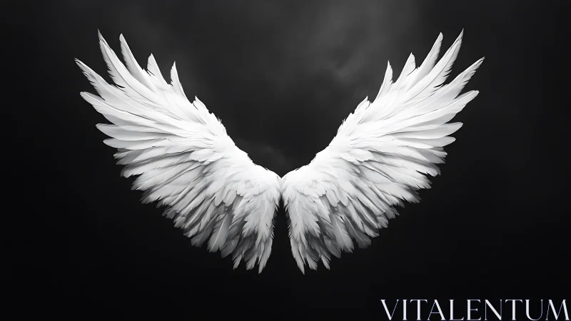 Symmetrical white feathered wings span against dark gradient sky