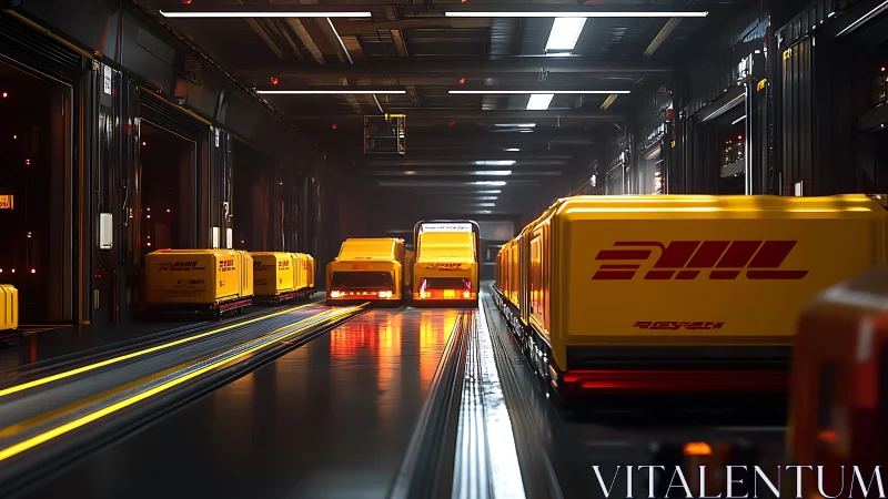 Autonomous yellow cargo pods traverse illuminated high-speed rails